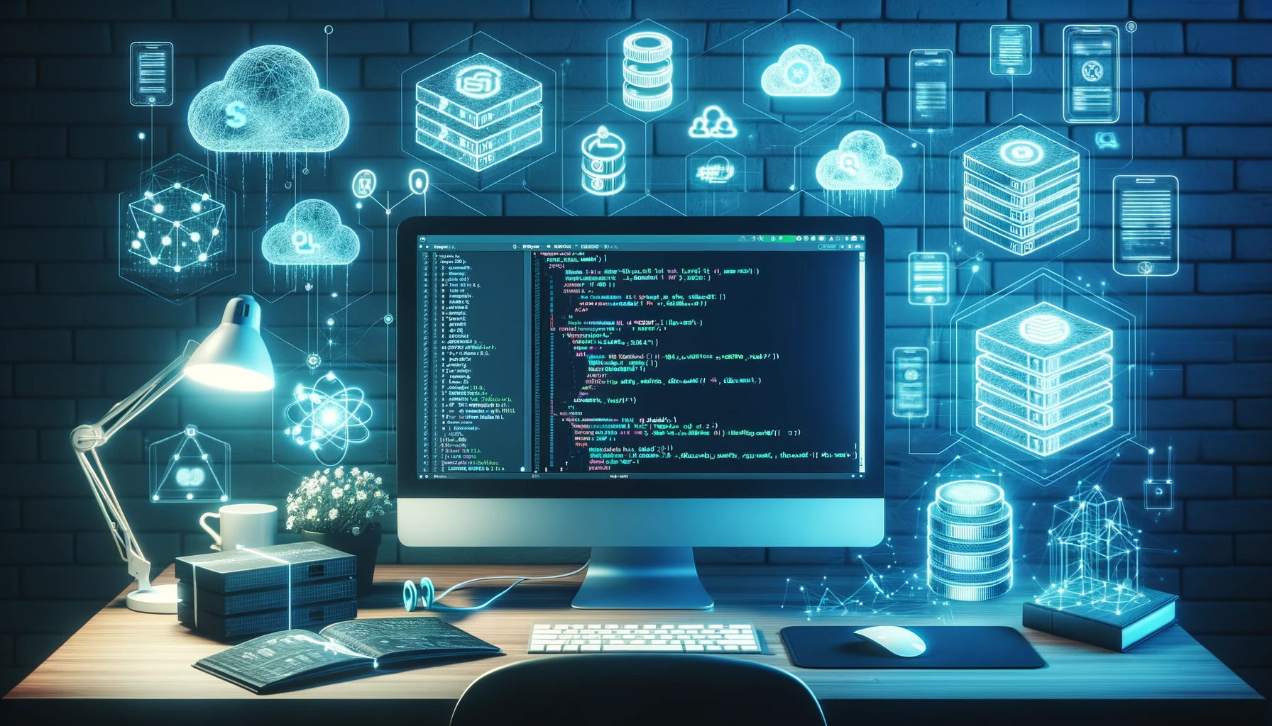 DALL·E 2023-10-30 10.33.27 - A photo of a modern workspace with a computer displaying a code editor focused on back-end development. Surrounding the computer are holographic proje